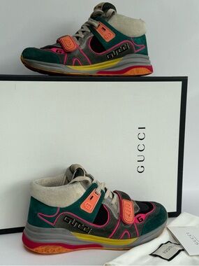 Gucci Green, Pink & Orange Suede-Trim High-Top Sneakers size 6